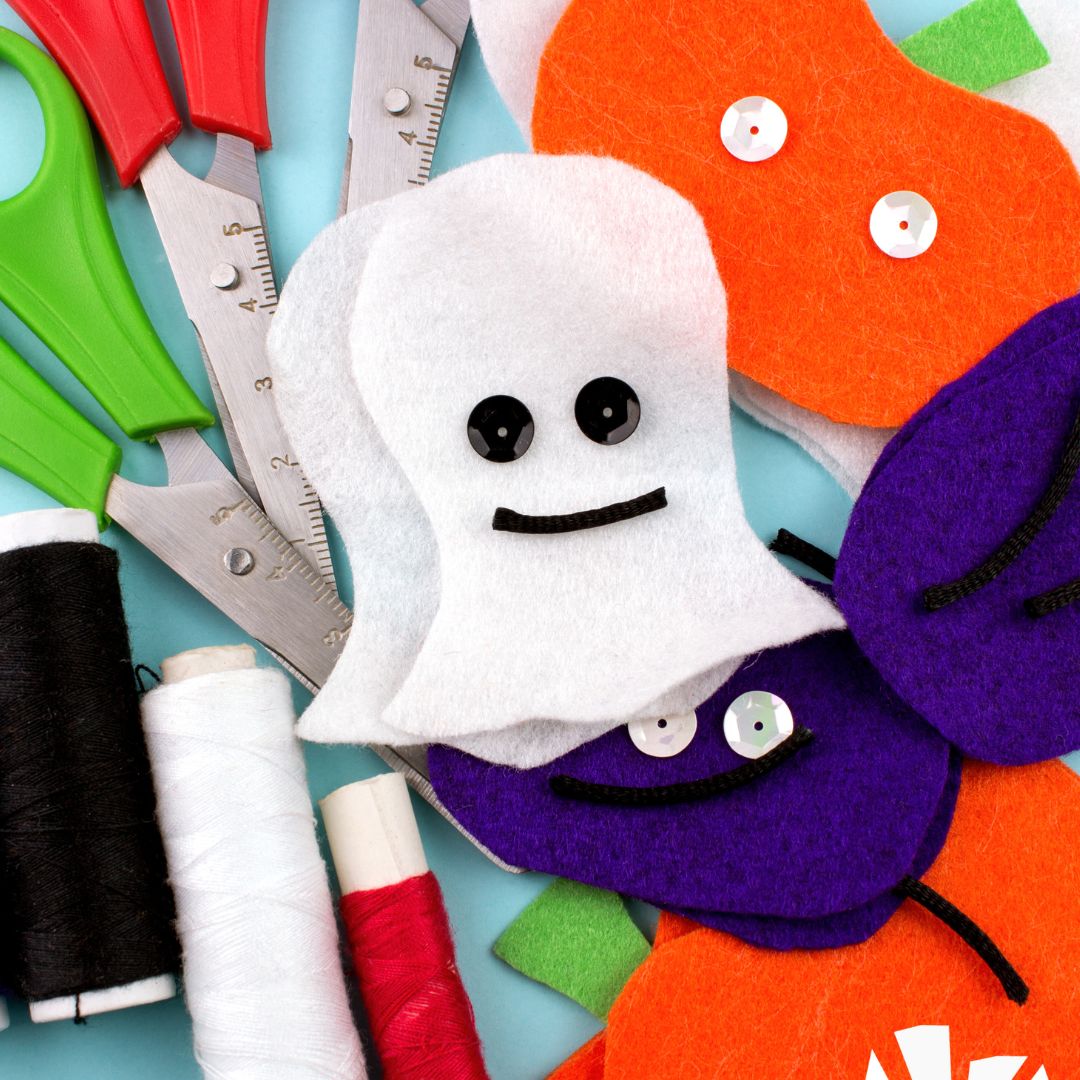 A ghost halloween puppet alongside a purple monster. Underneath are the materials needed such as scissors and thread.