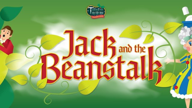 Jack and The Beanstalk cartoon banner image featuring Jack climbing the beanstalk and the pantomime dame.