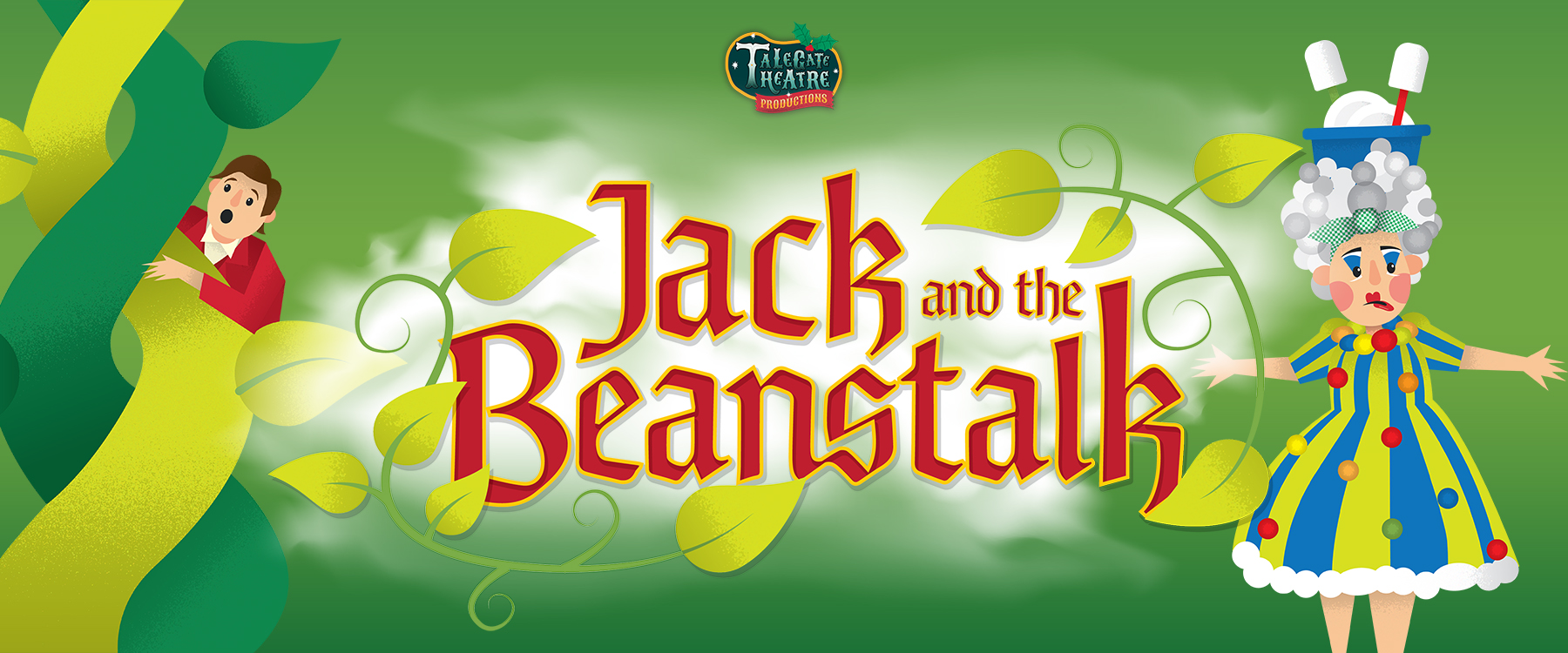 Jack and The Beanstalk cartoon banner image featuring Jack climbing the beanstalk and the pantomime dame.
