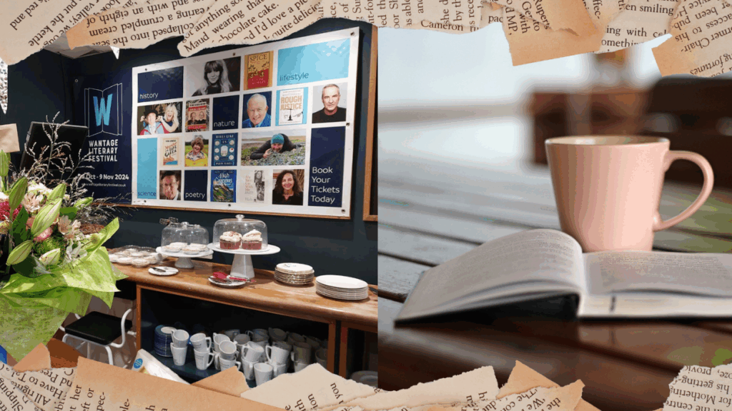 Wantage Literary Festival advert alongside some cakes and a hot beverage.