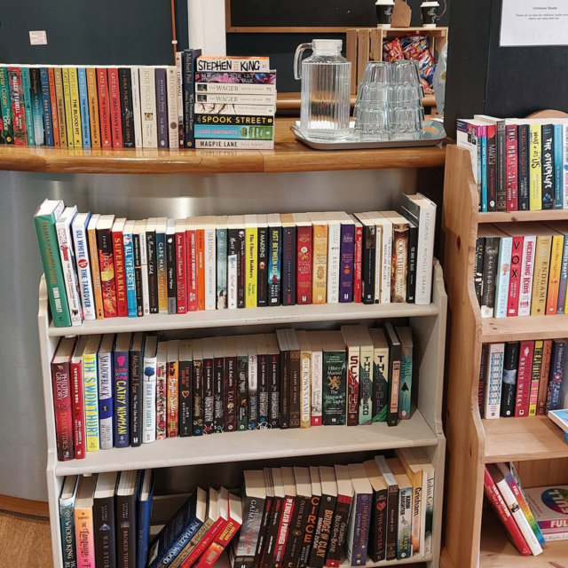 Wooden shelves full of books.
